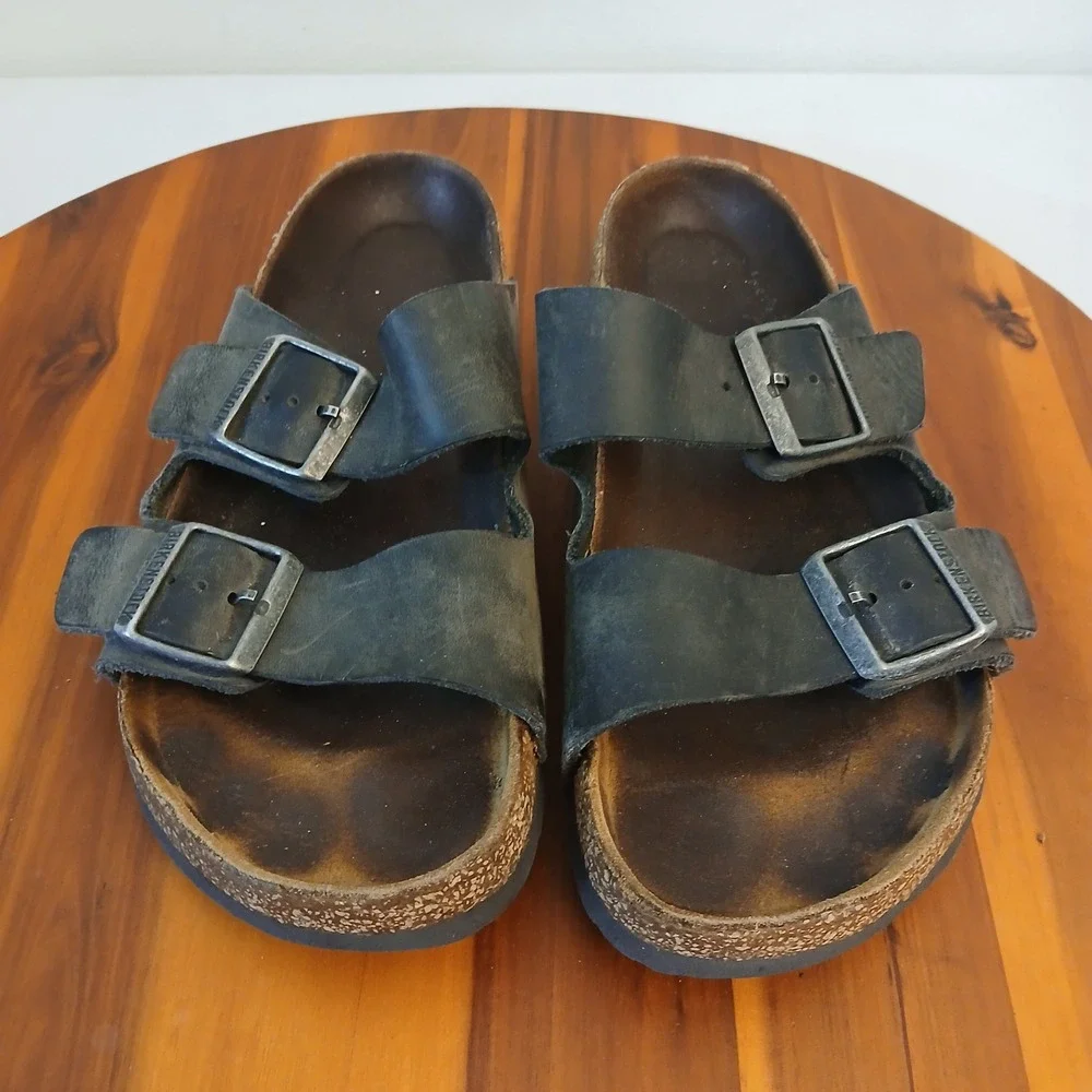 Birkenstock Arizona Sandals‎ Mens 38 Black Leather Double Buckle Cork Slide